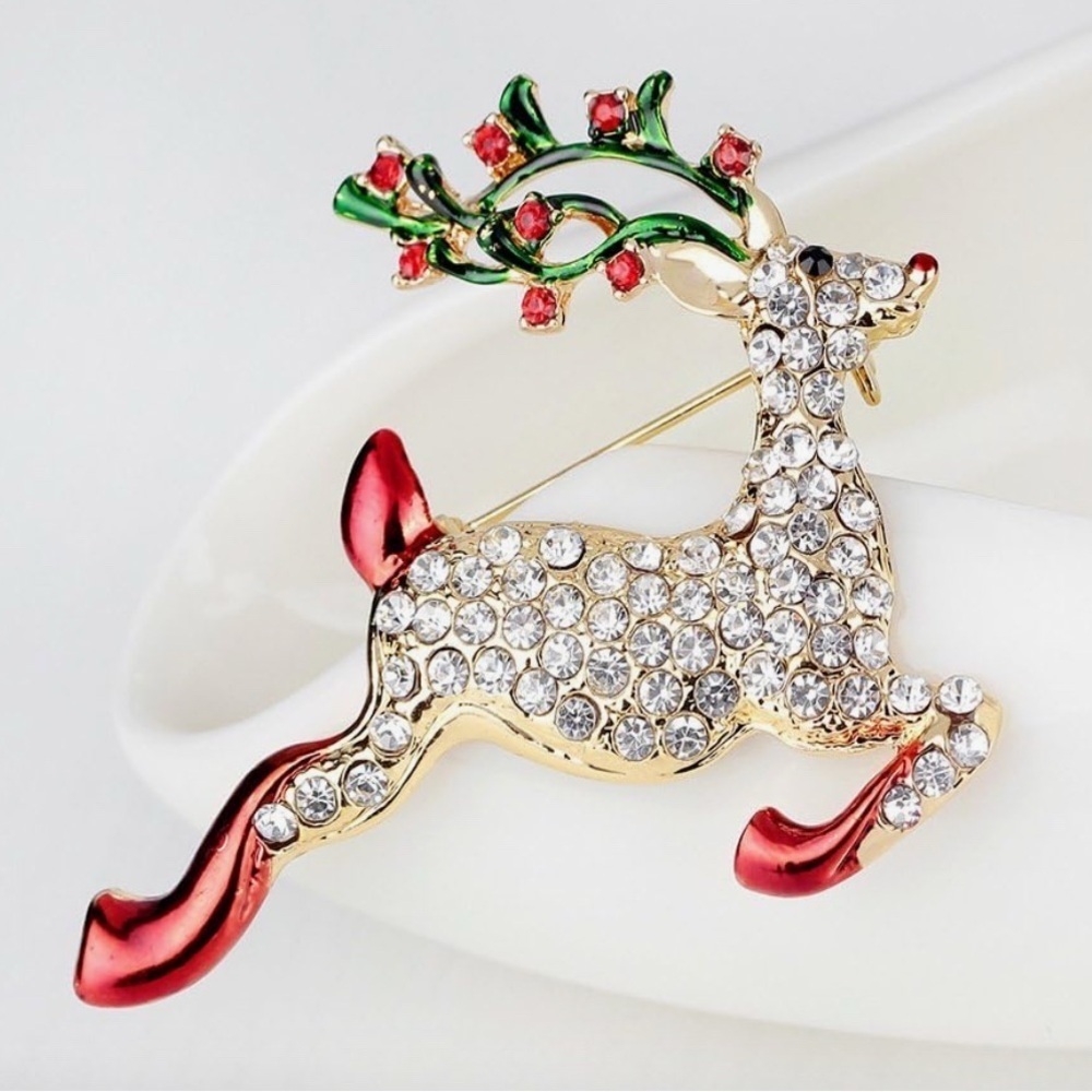 Rudolph the Red-Nosed Reindeer Brooch Cubic Zirconia Encrusted Holiday Pin 🦌 - Picture 4 of 12